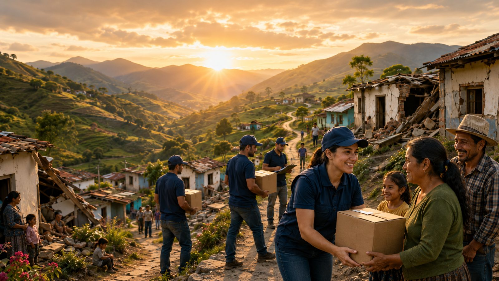 Entrega de ayudas en una vereda al atardecer