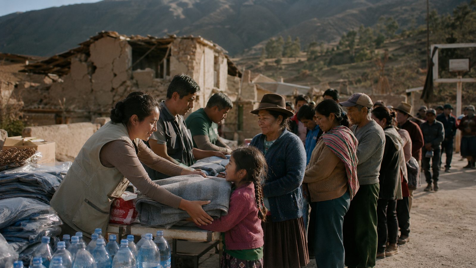 Entrega organizada de cobijas y agua a una comunidad
